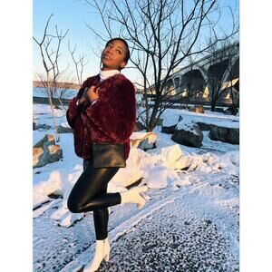 Vintage-Inspired Burgundy Faux Fur Winter Coat Size Small